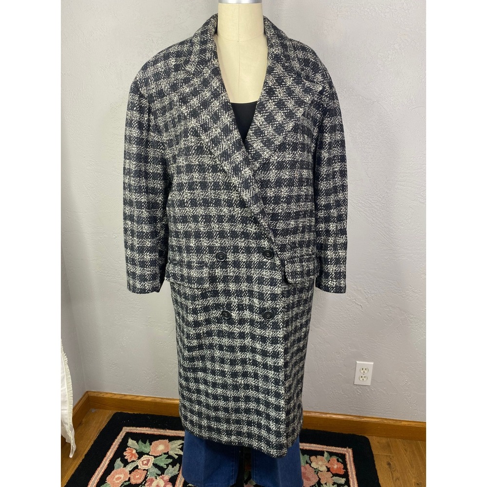 Vintage Houndstooth Double Breasted Wool Blend Trench Coat, Size 9/10 - Picture 3 of 10